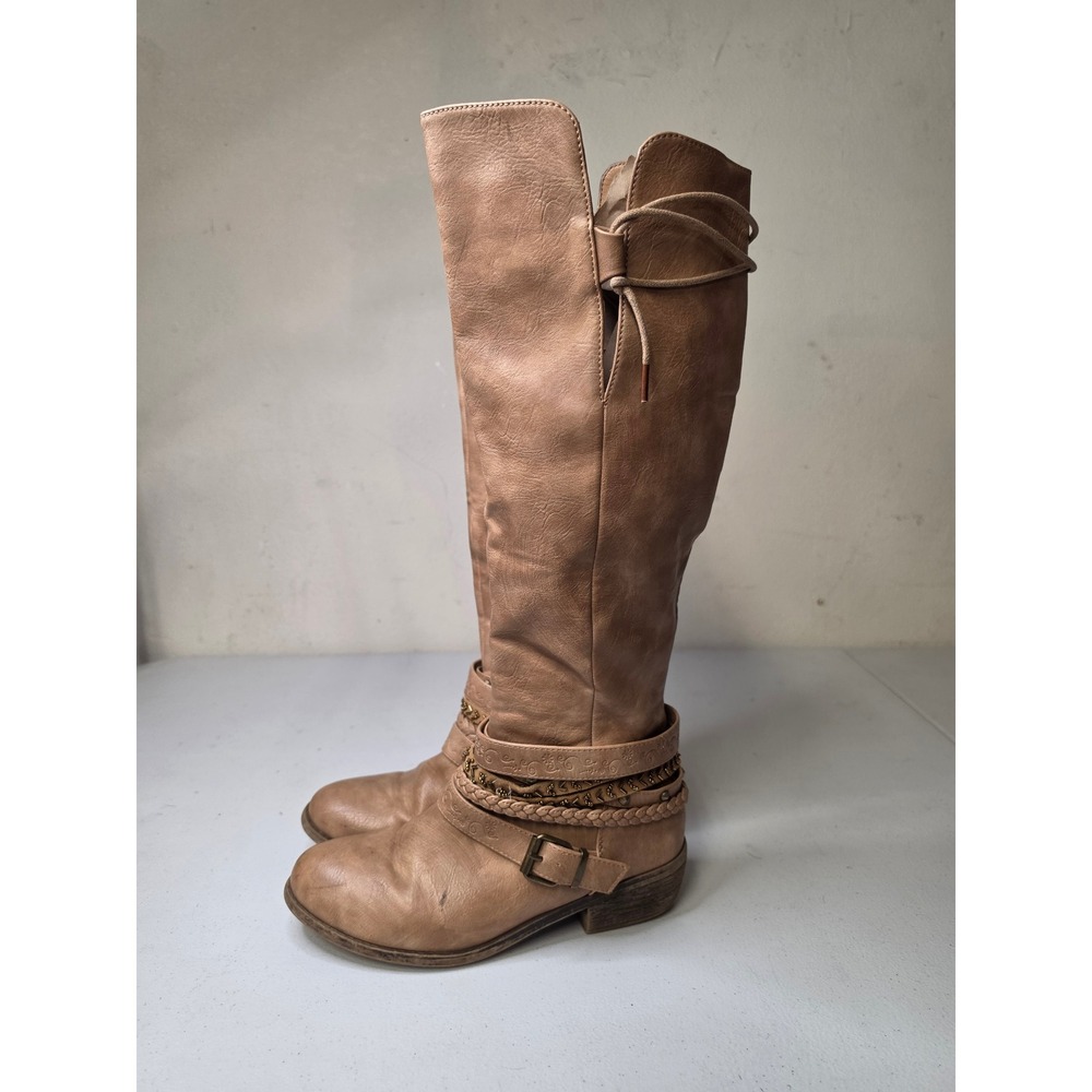 Kohls Message Tan Tall Bohemian Boots Women 8 Medium Beaded Braided Straps Zip